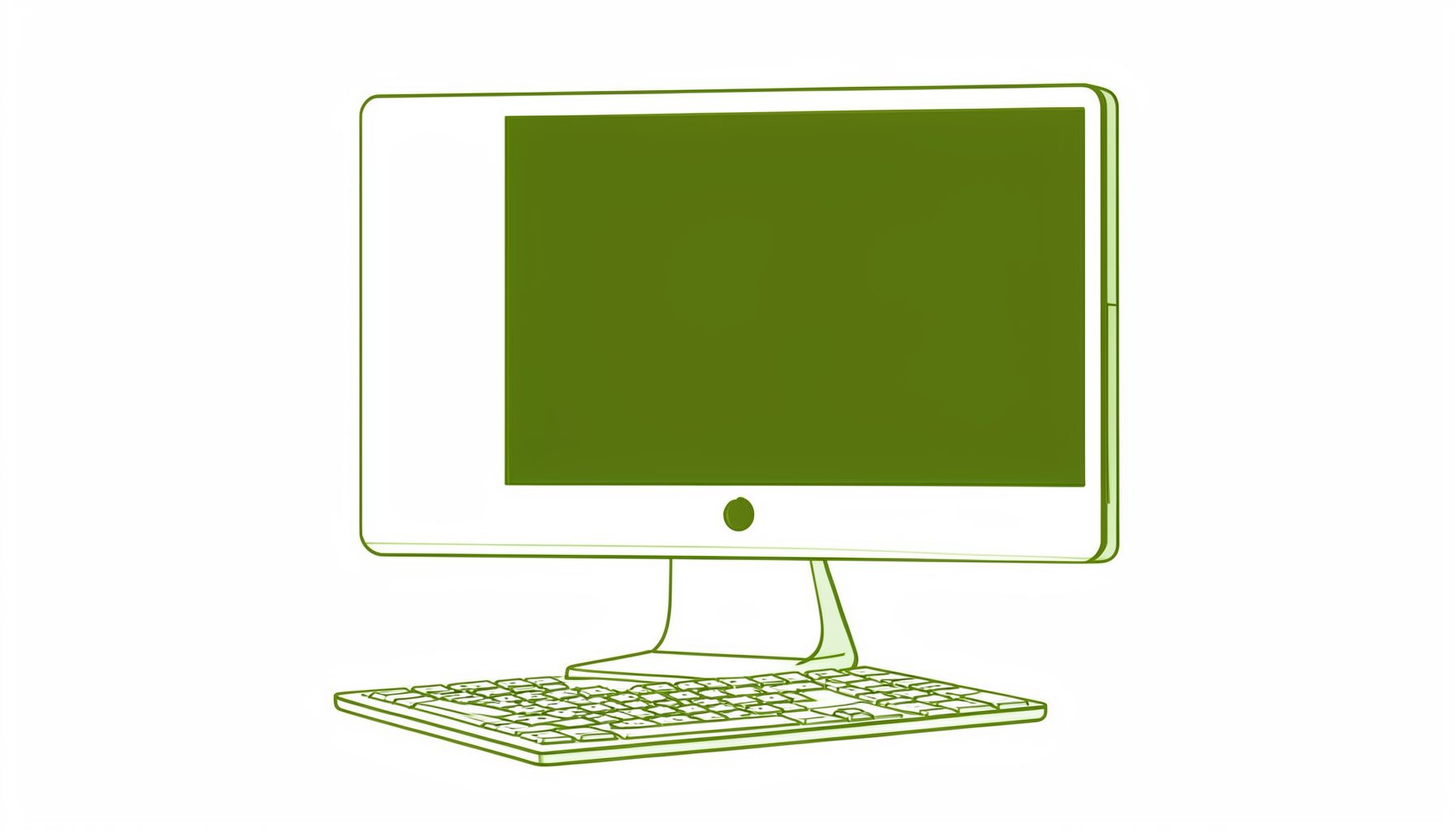 Clean line-art illustration of a desktop computer and monitor in white and olive green tones